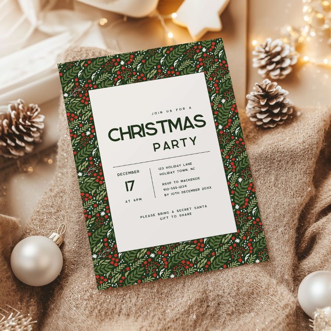 Invitation moderne pour une fête de Noël au thème  (Holly Leaf Christmas party invitation)