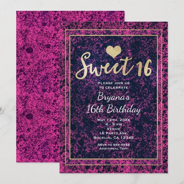 Invitation moderne pour une fête Sweet 16 rose et  (Devant / Derrière)