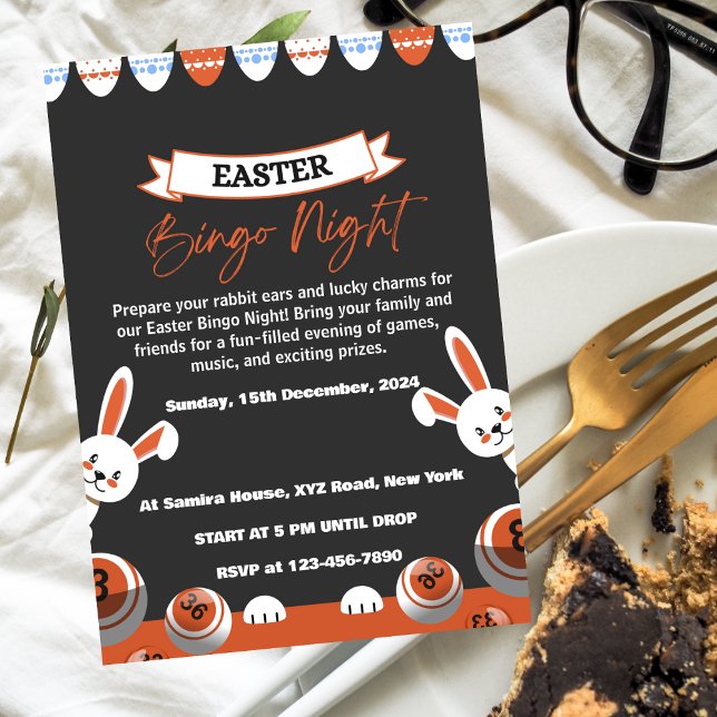 Invitation moderne pour une soirée Bingo gris et o (Créateur téléchargé)