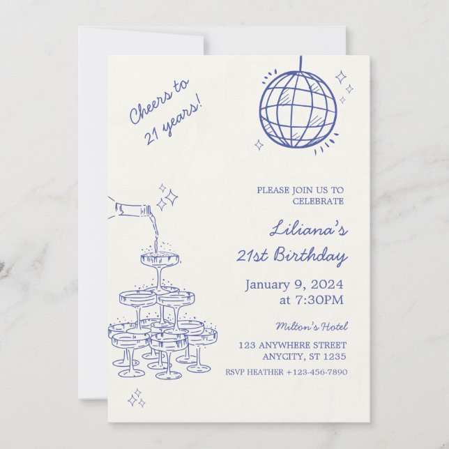 Invitation moderne pour une soirée cocktail bleue (Devant)