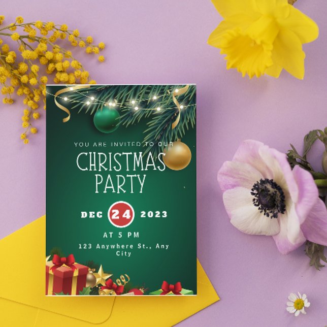 Invitation moderne pour une soirée de Noël verte e (Créateur téléchargé)