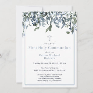 Invitation Moderne Première Sainte Communion Verdure Fleurs B