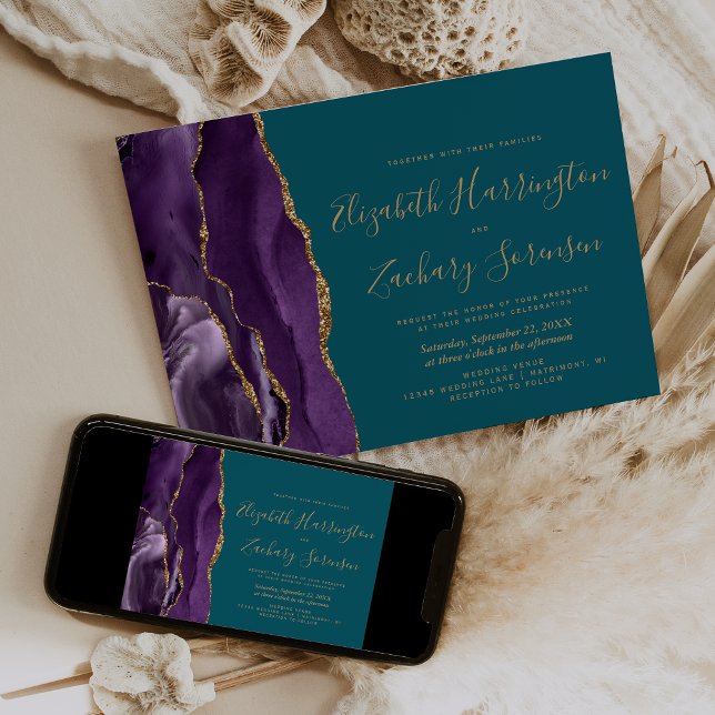 Invitation Moderne Purple Gold Agate Mariage Turquoise (Créateur téléchargé)
