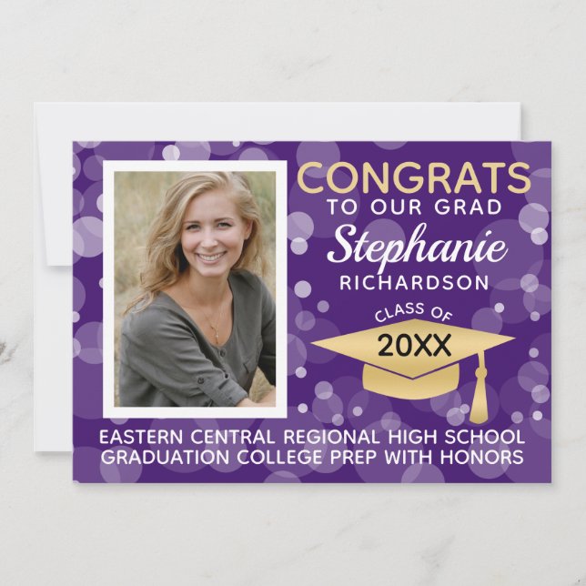 Invitation Moderne Purple Gold Bokeh Bubbles Photo Graduation (Devant)