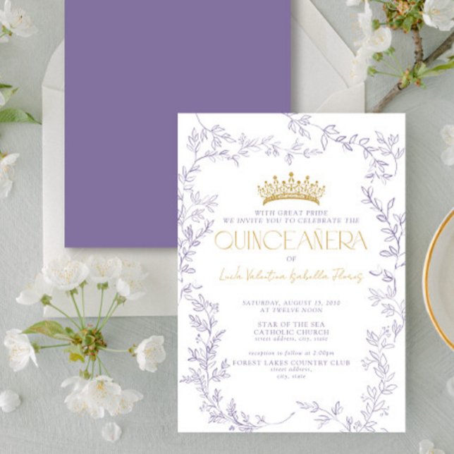 Invitation Moderne Purple Or Botanique Floral Quinceañera (Créateur téléchargé)