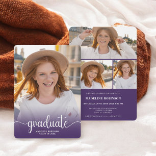 Invitation Moderne Purple script minimum 4-Photo Graduation