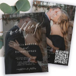Invitation Moderne QR CODE élégant script 2 photos mariage<br><div class="desc">Photo élégante et tendance tout en un faire-part de mariage avec "le mariage de" texte blanc et superposition noire avec un script de calligraphie chic. Personnalisez-le avec vos 2 photos et votre code QR de numérisation (généré automatiquement avec votre lien URL) sur le site Web pour RSVP en ligne et...</div>