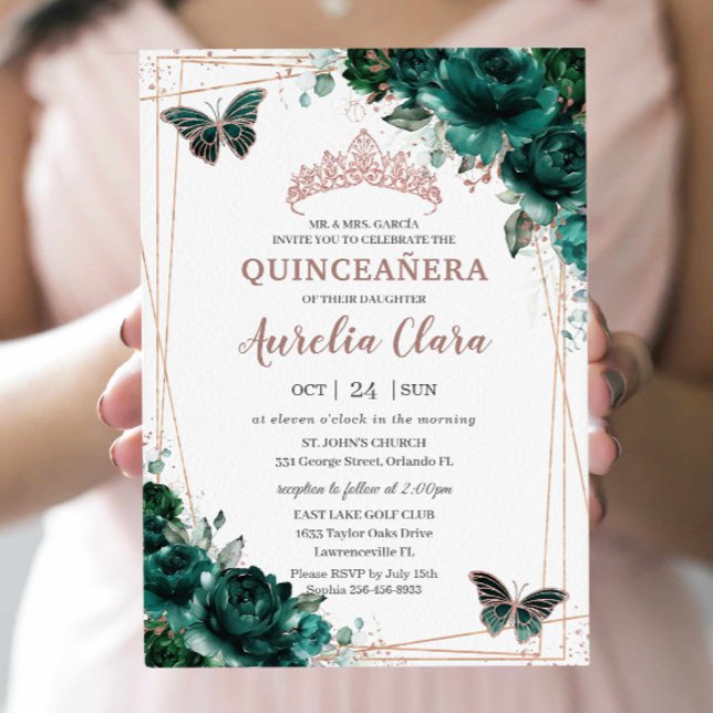 Invitation Moderne Quinceañera Emerald Vert Floral Rose Or (Créateur téléchargé)