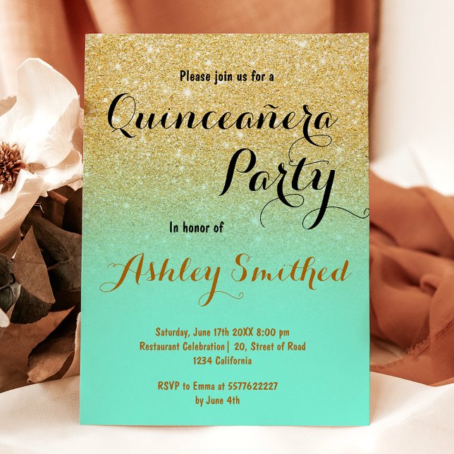Invitation Moderne Quinceañera fille dorée pailletée vert men (Modern girly gold glitter mint green Quinceañera Invitation)