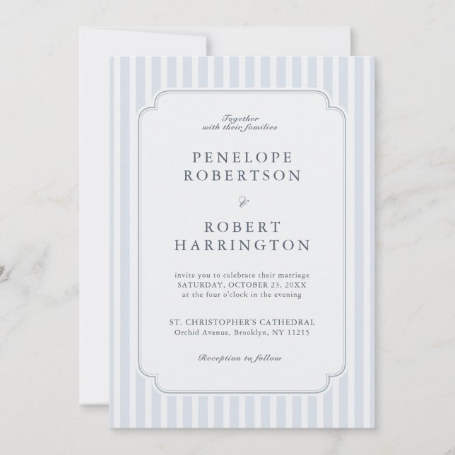 Invitation Moderne Rayures Classiques Bleu Poussiéreux Code Q (Devant)