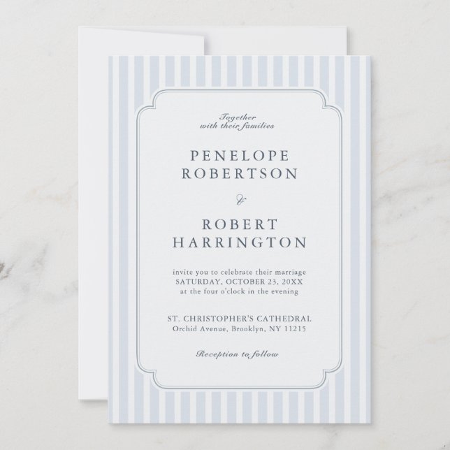 Invitation Moderne Rayures Classiques Bleu Poussiéreux Mariag (Devant)