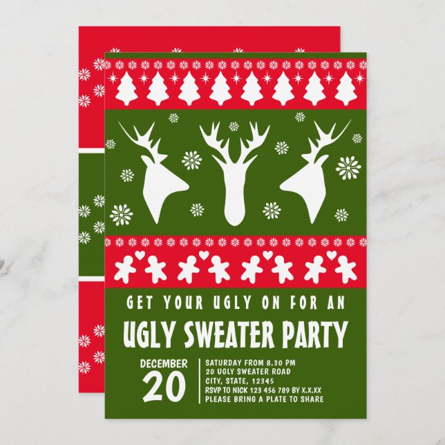 Invitation Moderne Red and Green Reindeer Ugly Sweat Party (Devant / Derrière)