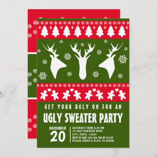 Invitation Moderne Red and Green Reindeer Ugly Sweat Party