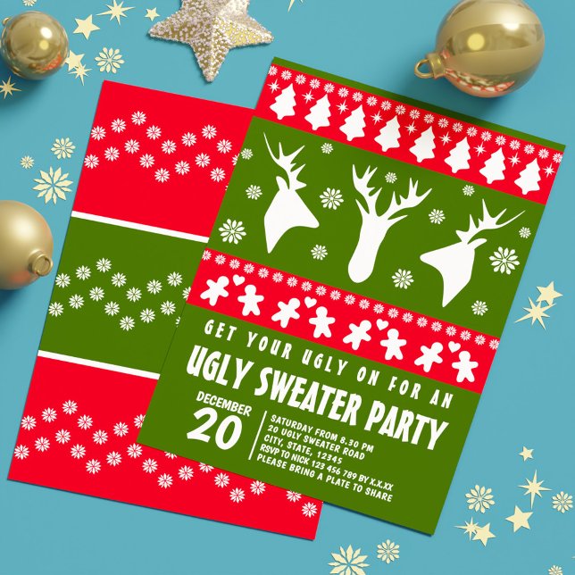 Invitation Moderne Red and Green Reindeer Ugly Sweat Party (Modern Red and Green Reindeer Ugly Sweater Party Invitation)