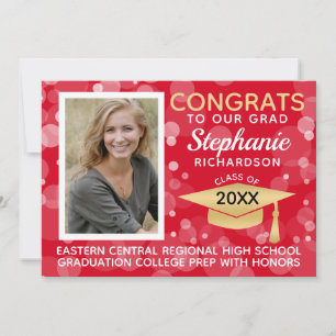 Invitation Moderne Red Gold Bokeh Bubbles Photo Graduation