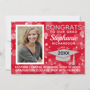 Invitation Moderne Red Grey Bokeh Bubbles Photo Graduation