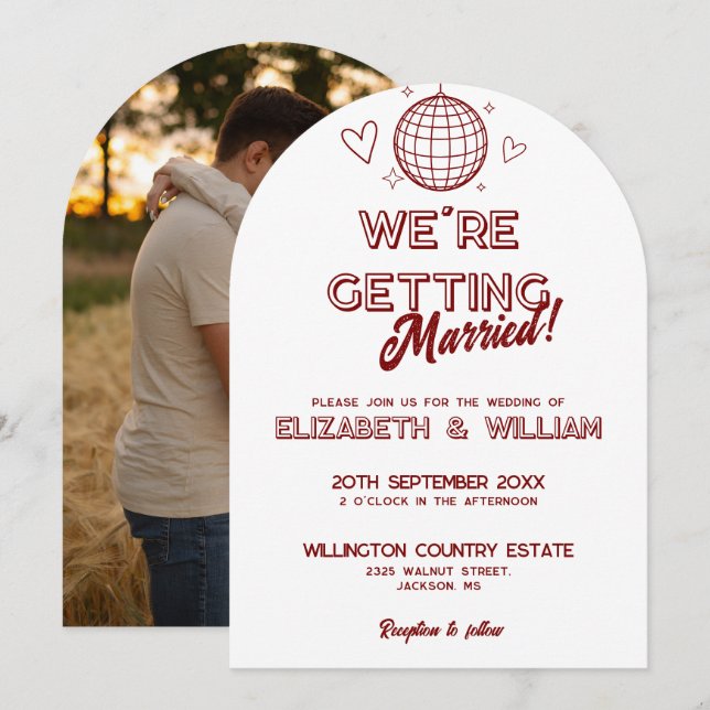 Invitation Moderne Red Retro Disco Mariage Super Photo (Devant / Derrière)