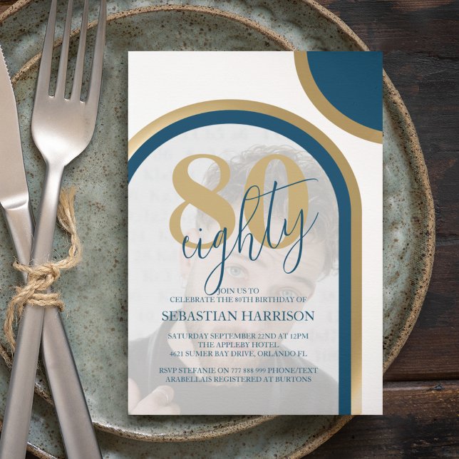 Invitation Moderne Rétro Anniversaire Photo Bleu Et Or (Créateur téléchargé)