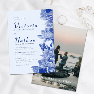 Invitation Moderne Retro Blue Chinoiserie Floral Photo Mariag