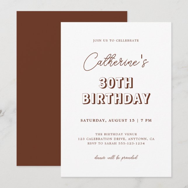 Invitation Moderne Retro Brown 30ème anniversaire (Devant / Derrière)