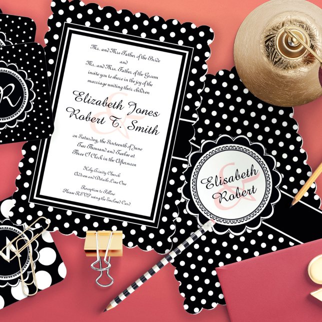 Invitation Moderne Retro Chic noir et blanc Polka Dot (Créateur téléchargé)