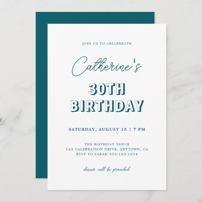 Invitation Moderne Retro Dark Turquoise 30ème anniversaire fê (Devant / Derrière)