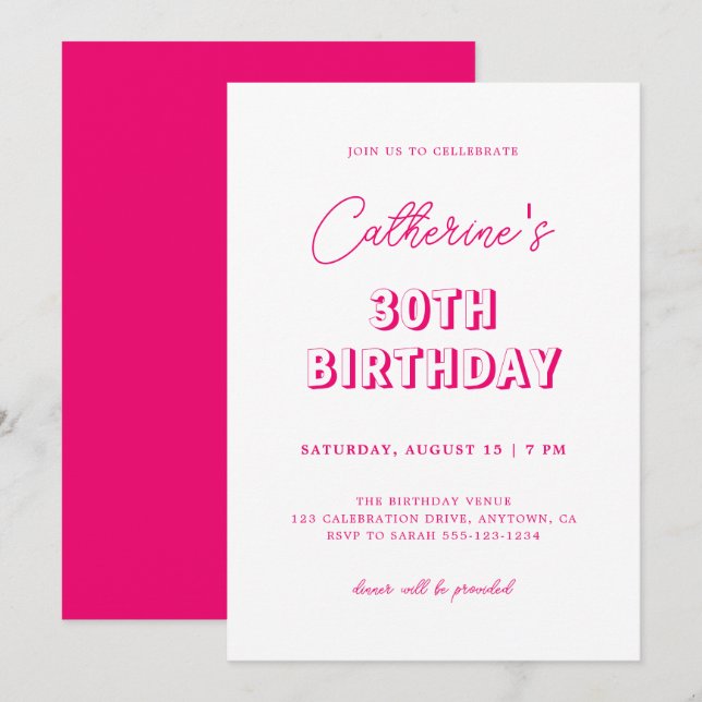 Invitation Moderne Retro Hot Pink 30e fête d'anniversaire (Devant / Derrière)