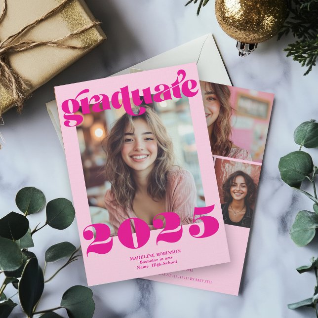 Invitation Moderne Retro Hot Pink 4 Diplôme photo (Modern Retro Hot Pink 4 Photo Graduation Invitation)
