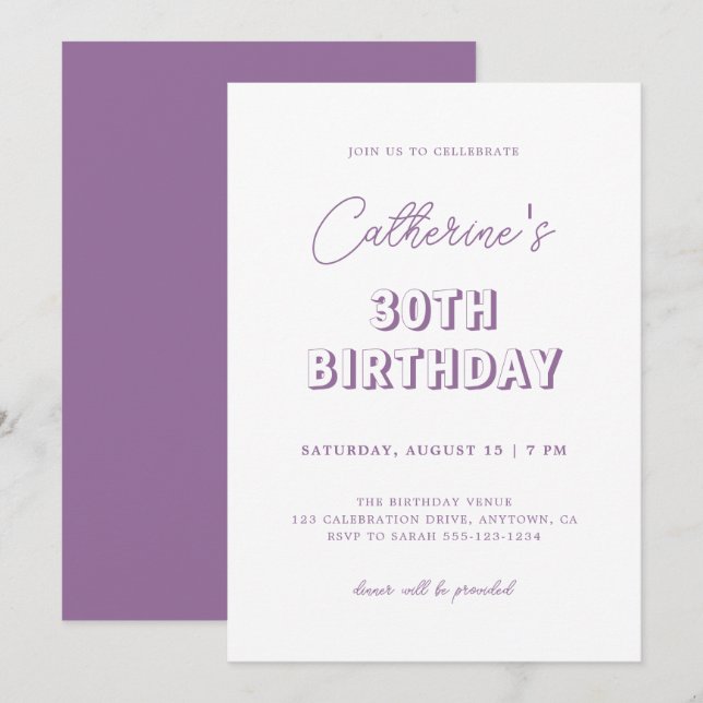 Invitation Moderne Retro Lilac 30e fête d'anniversaire (Devant / Derrière)