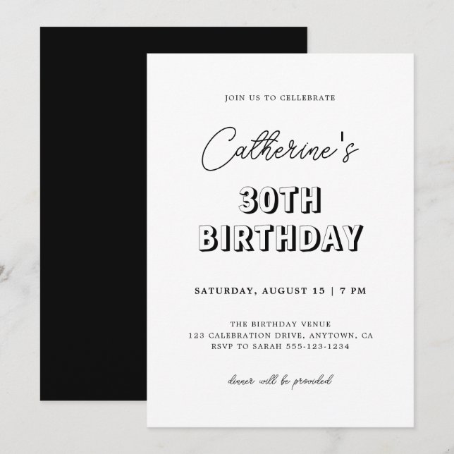 Invitation Moderne Retro Noir & Blanc 30e fête d'anniversaire (Devant / Derrière)