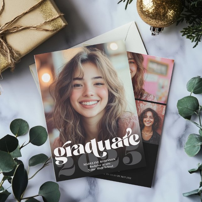 Invitation Moderne Rétro noir blanc 4 Photo Graduation (Modern Retro Black White 4 Photo Graduation Invitation)