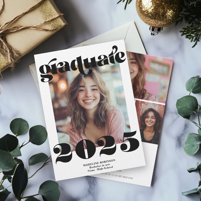 Invitation Moderne Rétro Simple Noir 4 Photo Graduation (Modern Retro Simple Black 4 Photo Graduation Invitation)