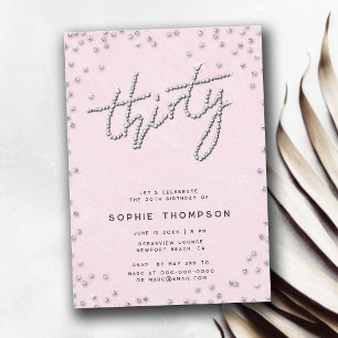 Invitation Moderne Rhinestones Calligraphie rose 30e annivers