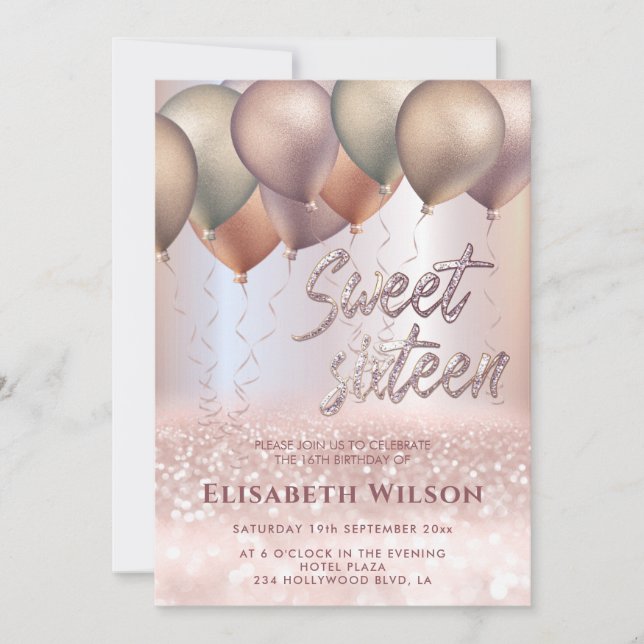 Invitation Moderne Romantique Rose or glittery ombre ballon (Devant)
