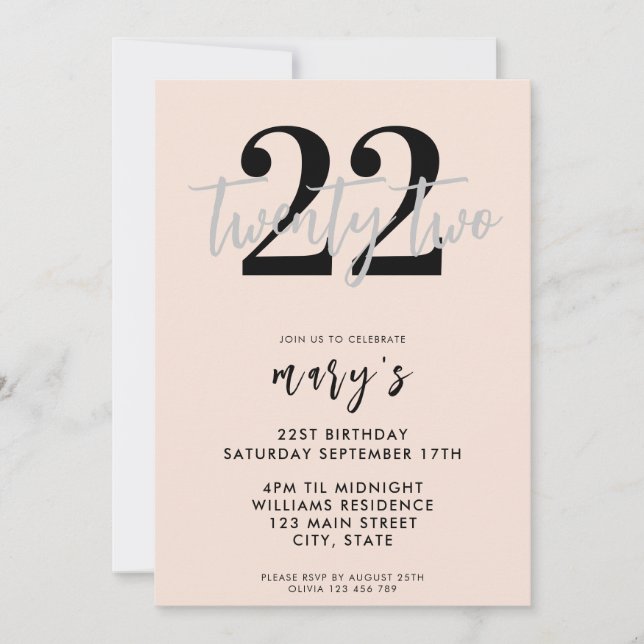 Invitation moderne rose élégant 22e anniversaire (Devant)