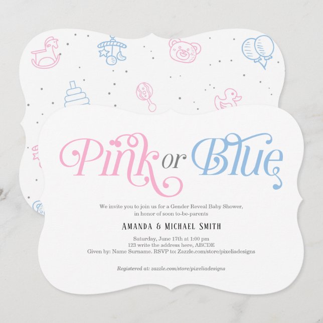 Invitation Moderne, rose et bleu, garçon ou fille, révélation (Devant / Derrière)