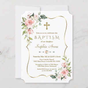 Invitation Moderne rose Fleurs Rouges Or Cadre Baptême