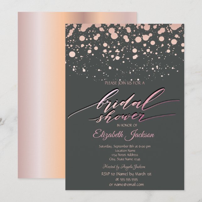 Invitation Moderne rose gold points gris Baby Shower (Devant / Derrière)