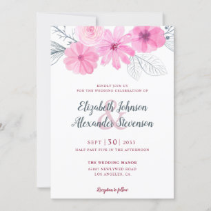 Invitation Moderne rose gris aquarelle fleurs printemps maria
