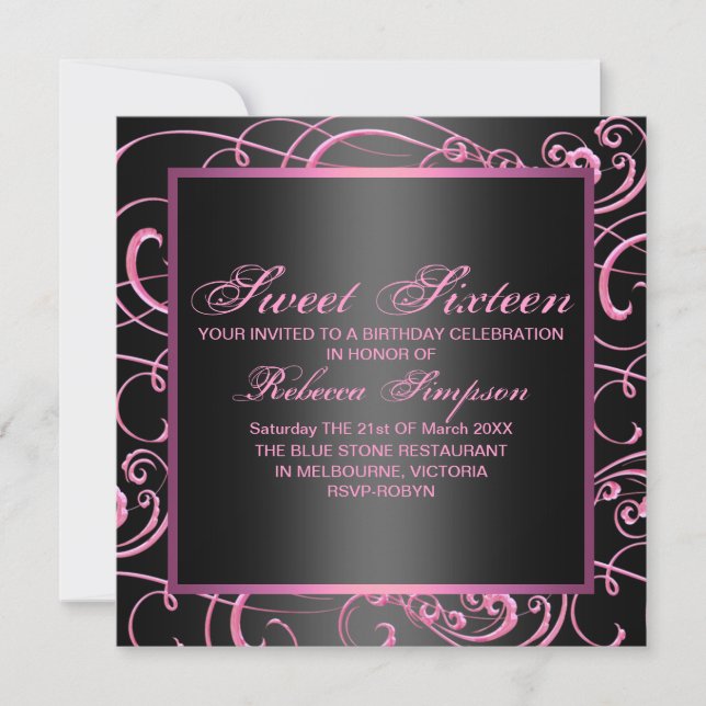 Invitation moderne rose/noir tourbillonnant pour u (Devant)