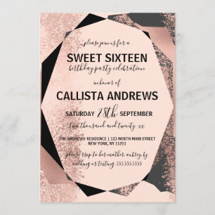 Invitation Moderne Rose or Noir Blush Géométrique Sweet 16