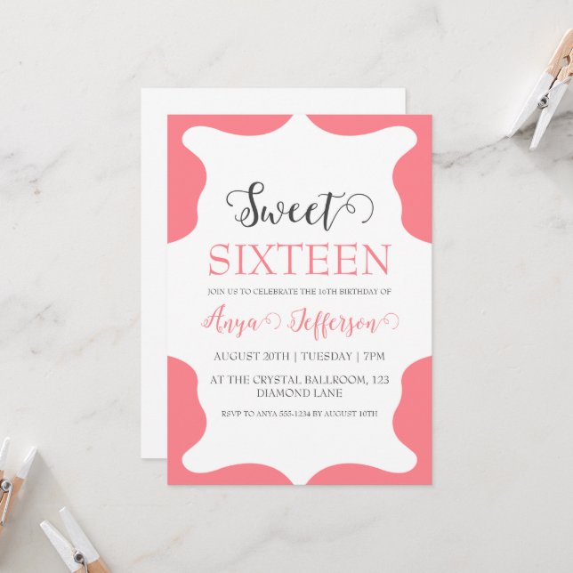 invitation moderne rose pâle rose doux 16 annivers (Devant/Arrière en situation)