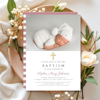 Invitation Moderne rose rayures Croix religieuse Photo Baptêm