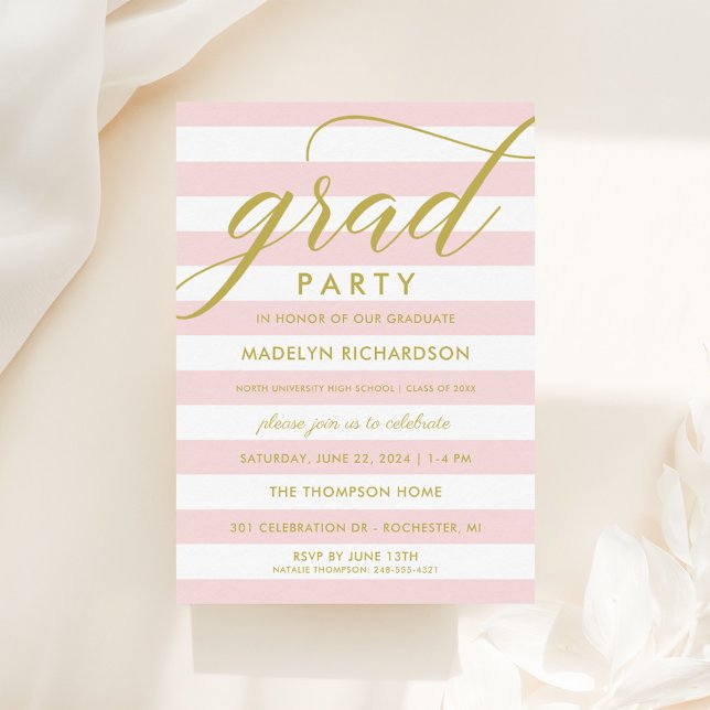 Invitation Moderne rose rayures or personnalisé Grad Party (Créateur téléchargé)