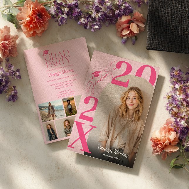 Invitation Moderne Rose Rétro Audacieux Tendance 6 photos dip (Modern Bold Retro Pink Trendy 6 photos graduation Invitation)