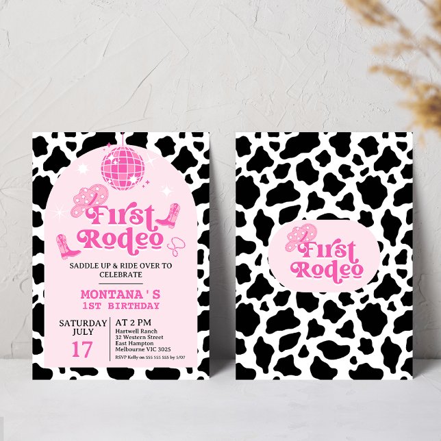 Invitation Moderne rose rétro Cowgirl Premier Rodéo 1er Anniv (Girls First Rodeo 1st Birthday Invitation, Editable Cowgirl Wild West Cowgirl 1st Rodeo Southwestern)