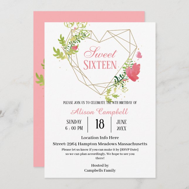 Invitation Moderne rose rose floral doux 16 Anniversaire (Devant / Derrière)