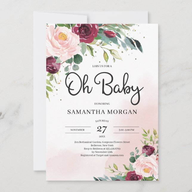 Invitation Moderne rose rousse rose bordeaux floral Oh Baby s (Devant)