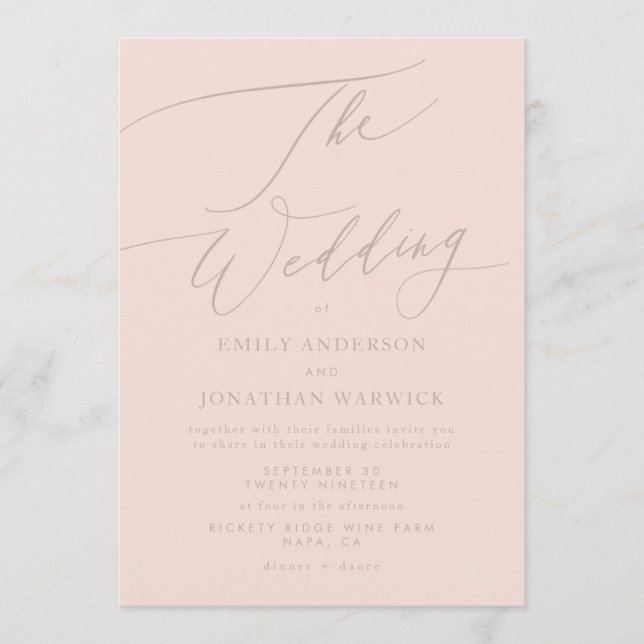 Invitation Moderne rose simple calligraphie Mariage (Devant)