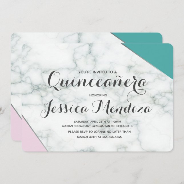 Invitation Moderne Rose Turquoise Marbre Quinceañera Douce 15 (Devant / Derrière)